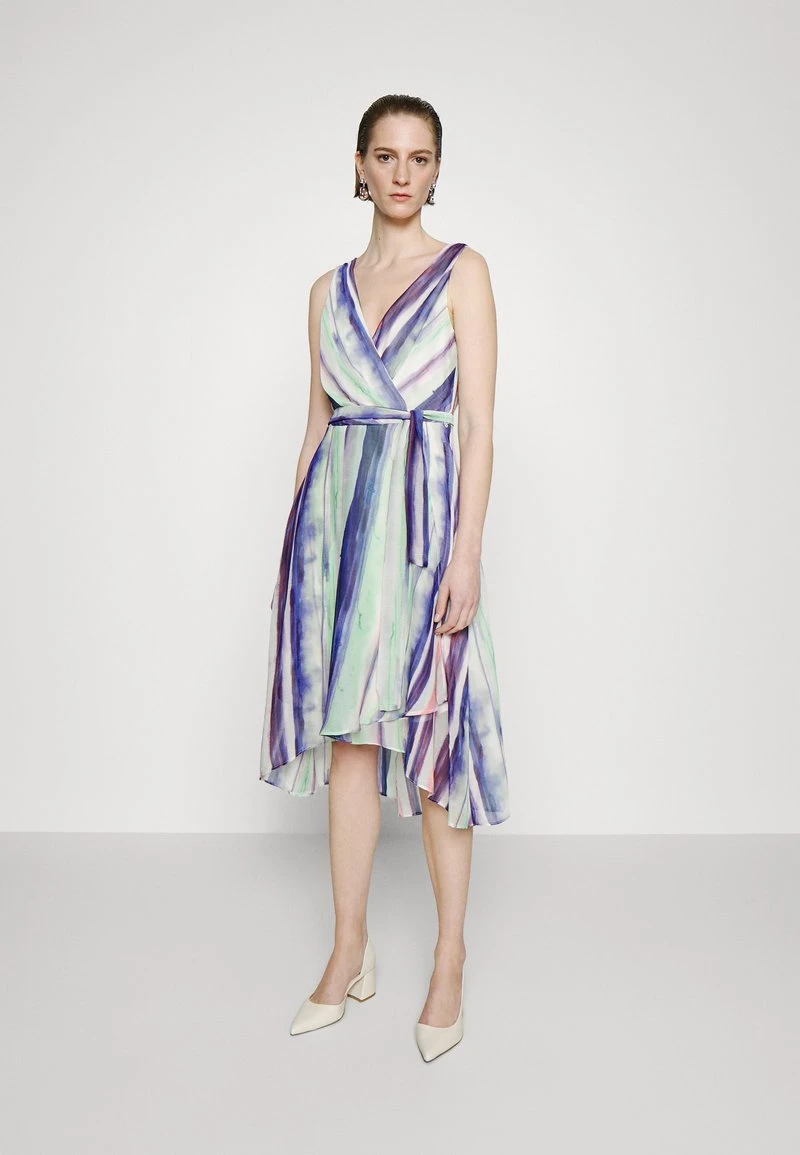 DKNY DOUBLE V FAUX WRAP WITH BELT - Cocktailkleid/festliches Kleid - Painted Skies/ivory/sunkist Coral Multi